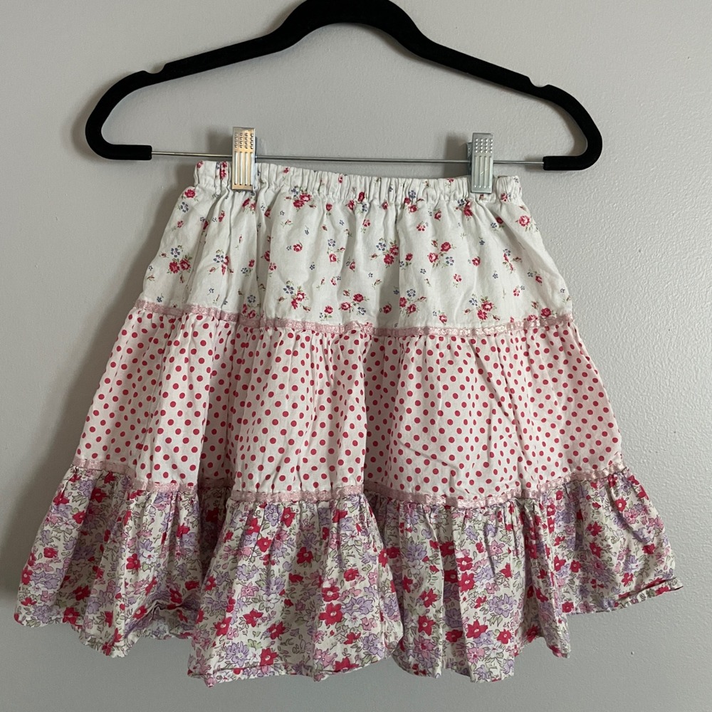 Mini Boden Tiered Ruffle Skirt Girls 4-5Y Pink Floral Polka Dot Cottagecore